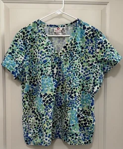 Women’s White Cross Scrub Top 2 Pockets Multi-Color Geo-Print Pattern V-Neck XL - Picture 1 of 10