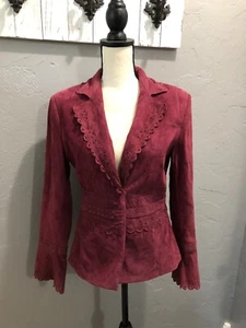 Georgiou Studio Fuchsia Pink Suede Jacket Blazer Scallop Edges Cutout Women Sz 6 - Picture 1 of 12