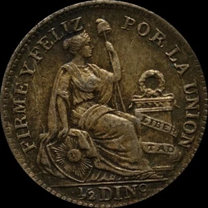 Peru 1912 1/2 dinero KM#206.2 small silver world coin with liberty llama toned - Picture 1 of 4