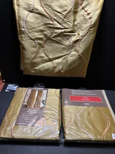 Pier 1 Imports NEW 3 Curtains Panels 54” 84” Window Panel Billowy Gold Geometric - Picture 1 of 6