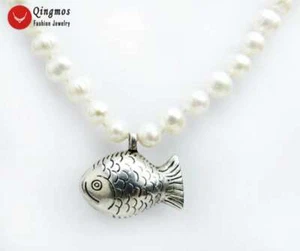 6-7mm White Natural Freshwater Pearl Fish Pendant Necklace for Women Chokers 17" - Picture 1 of 9
