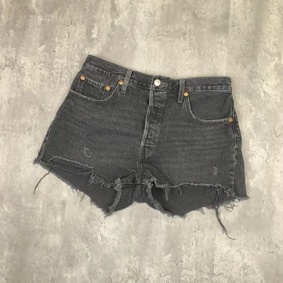Levis 501 Jean Shorts Women's 32 Black High-Rise Cut Off Distressed Booty Y2K - Image 1 of 4