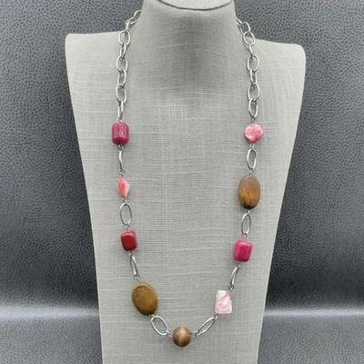Boho Statement Necklace Women Silver Tone Chain Wood Pink Beads Lobster Clasp - Image 1 of 4