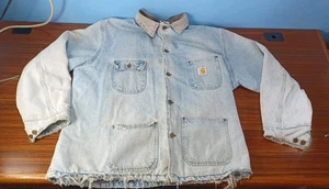 Vintage 90's Carhartt  Faded Jean Jacket Blanket Lined Distressed  USA Workwear - Picture 1 of 20