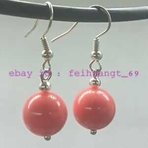 Delicate 12mm Coral Pink South Sea Shell Pearl Round Bead Boutique Earrings