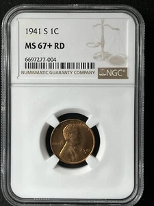 1941-S 1C RD Lincoln Wheat One Cent NGC MS67+RD 6697277-004 - Picture 1 of 2