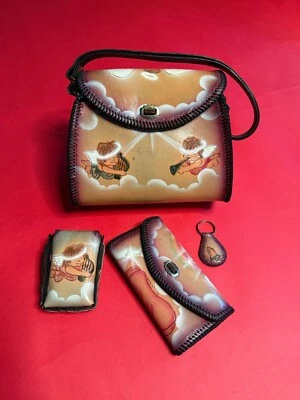 Juego de Bolso Ángel Vintage Años 70 Cuero Aerografiado - Cartera y Cartera Estilo Chicano Foto 1 de 4