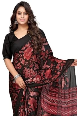 Black Designer Chiffon Floral Printed Party Wear Saree Indian Pakistani Sari - Image 1 of 4