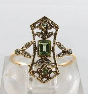LONG 9K 9CT GOLD PERIDOT DIAMOND VINTAGE INS RING FREE RESIZE - Picture 1 of 5