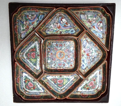 Antique Chinese Famille Rose Porcelain Canton 9 Pc Sweetmeat Dish set Service - Image 1 of 4