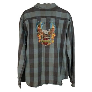 Harley Davidson Herren XL Flanell Hemd bestickt Knopfleiste Langarm blau Logo - Bild 1 von 9