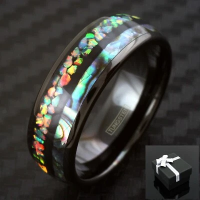 Anillo de boda 8 mm de tungsteno para hombre pulido negro ópalo hawaiano con incrustaciones de abulón Foto 1 de 4