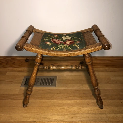 FLORAL EMBROIDERED Thebes Bench Stool Handled Wood Vanity Saddle Victorian Cover