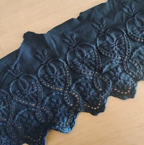 Tessuto occhiellato cotone vintage largo 3 iarde 6" pizzo fiore nero b0446 - Foto 1 di 2