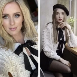 Alice + Olivia NEW Kitty Bow Tie Puff Sleeve Cardigan In Soft White Black Size M - Picture 1 of 24