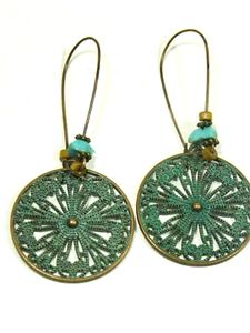 Copper Tone Dreamcatcher Dangle Drop Earrings Beaded Round Disc Enamel Turquoise - Picture 1 of 4