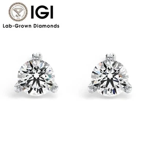 Round Cut 3 Prongs IGI Certified Lab Grown Diamond Earrings In 18K Solid Gold - Picture 1 of 8