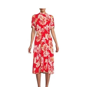Julia Jordan Women’s Red Midi Dress Floral Mock Neck Short Puff Sleeve Sz 8 NWT - Picture 1 of 13