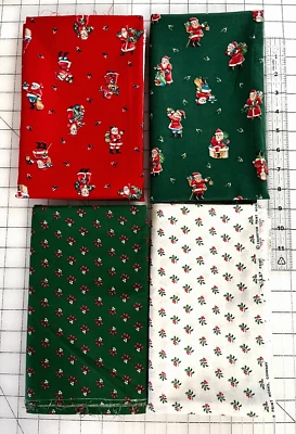 Vintage Cranston Christmas Fabric Santas & Holly Lot of 4 Pieces 1 Yd each x 44" - Image 1 of 3