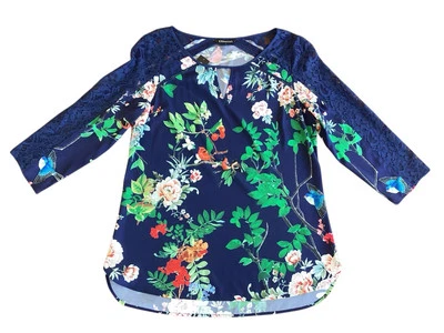 Blusa Express Tropical Floral Azul Marino Encaje Flores Pájaros Talla Mediana Nueva con Etiquetas Foto 1 de 4