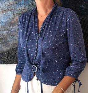 Top  vintage bleu à motifs multicolores - années 70 - ceinturé - Taille M - Picture 1 of 8