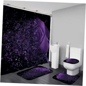 Purple Rose 4 Pcs Shower Curtain Sets Non-Slip Rugs Bath Mat Toilet Cover U - Picture 1 of 7