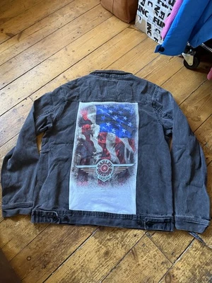  Upcycled HD Graphic Denim Jacket,  Cord Collar USA Flag Print Springfield Large - Image 1 of 4