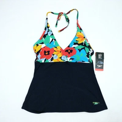 Speedo Damen Badeanzug Oberteil Tankini V-Ausschnitt Neckholder Ibiza Blau Blumen Small - Bild 1 von 4