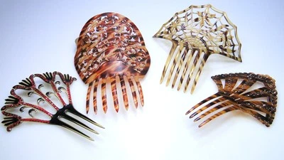 Lote de 4 peines decorativos antiguos de celuloide con peines de imitación azul mantilla Foto 1 de 4