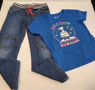 Mini Boden Size 5 5y Girls Heart Jeans & Snoopy Christmas Holiday Blue Shirt 6  - Image 1 of 4