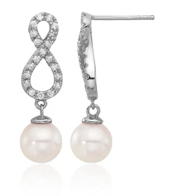 14K Solid White Gold 7mm Round Akoya Saltwater Cultured Pearl Diamond Infinit... - Image 1 of 4