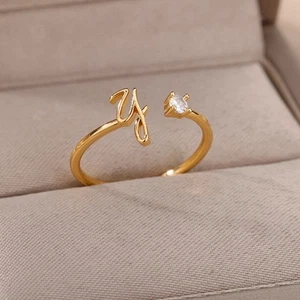 Stylish Zircon Inlaid Copper Ring with Unique 26 Letter Design for Women - Picture 1 of 38