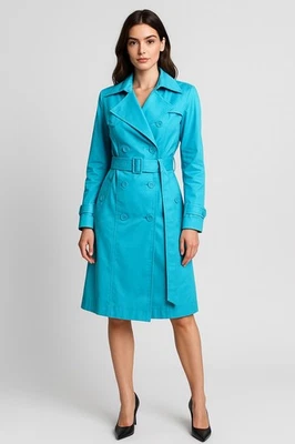 Gabardina Bebe para mujer azul aguamarina doble botonadura talla S acabado satinado con cinturón Foto 1 de 4