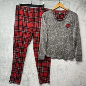Laura Ashley Womens Large Red Plaid Flannel Long Sleeve Pajamas Pants Set Heart - Picture 1 of 12