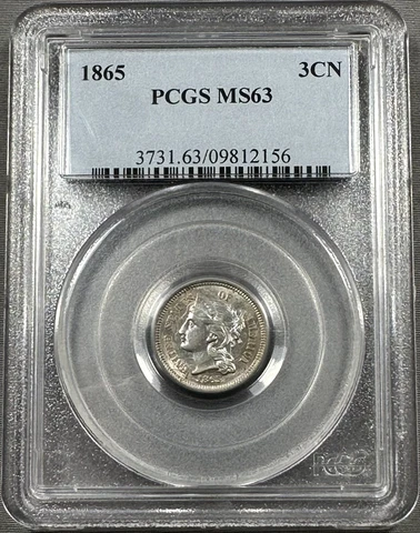 1865 Three Cent Nickel 3cn - PCGS MS63 - Choice Nice Strike Cover