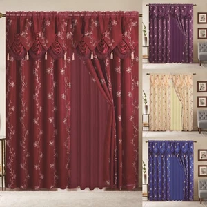 Window Curtain Blue Gold Linda Collection 2 PCS Set with Valance Luxury Curtain - Picture 1 of 19