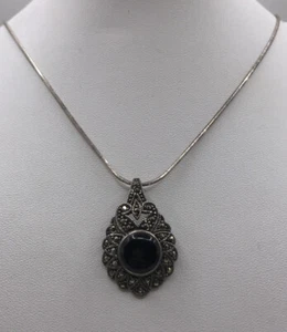 ESTATE VTG STERLING SILVER 925 MARCASITE ONYX OVAL NECKLACE PENDANT 18" - Picture 1 of 8