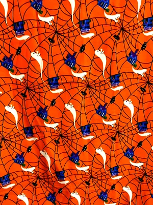 Halloween Ghost Spiders Web Orange Cotton Fabri - 44 x 27" L  - Sew Quilt Craft - Image 1 of 3