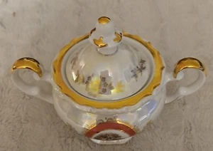 Zuckerdose, reich verziert, breiter Goldrand, Bild vorn, 2 Henkel, Deckel  - Bild 1 von 6