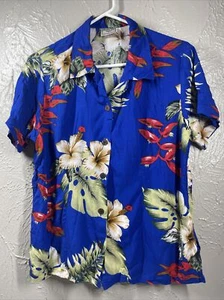 Aloha Hut Hawaii Blue Floral Tropic Short Sleeve Shirt Button Front Size Large - Picture 1 of 4
