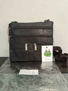 Afonie Brown Leather Crossbody  With 5 Zipper Pockets  NWT - Picture 1 of 4