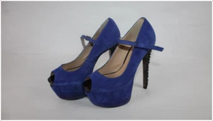 Betsey Johnson Blue Suede Bell Platform Heels, Size 7 - Picture 1 of 11