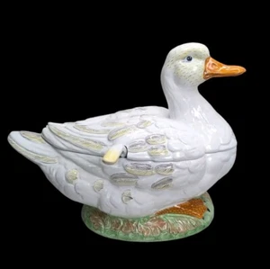 Vintage French Duck Form Soup Tureen Majolica Centerpiece With Lid And Ladle - Picture 1 of 21