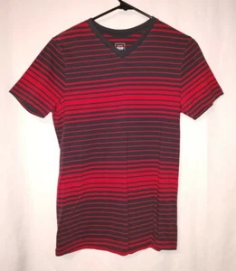 Mossimo Men's Athletic Fit Short Sleeve V Neck T Shirt Red Black Striped Size S - Picture 1 of 3