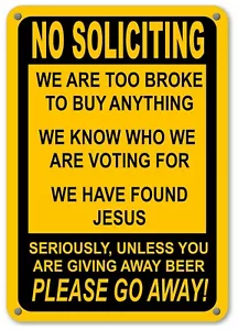 No Soliciting Humor Yellow Sign Go Away Front Door Fence Window Funny Yard Signs - Picture 1 of 6