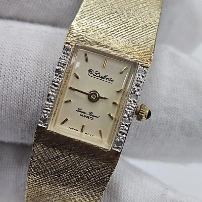 Vintage Dufonte Lucien Piccard Relógio Tanque Feminino Tom Dourado Moldura de Diamante Funciona - Imagem 1 de 4