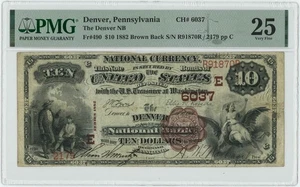 FR.490 1882 $10 Brown Back National DENVER, PA Charter #6037 PMG VF25 949399-6 - Picture 1 of 3