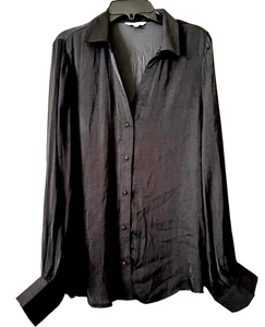 Naked Zebra Shirt Women's Medium Black Silky Button Up V-Neck Blouse - Picture 1 of 5