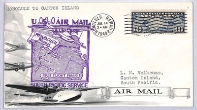 USA Air *CLIPPER* ILLUSTRATED Cover FIRST FLIGHT Honolulu-Canton Island YU220 - Image 1 of 4