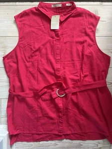 NWT Anthology Sleeveless Women UK28 Blouse Tunic Belted Linen Button up Red/Pink - Picture 1 of 11